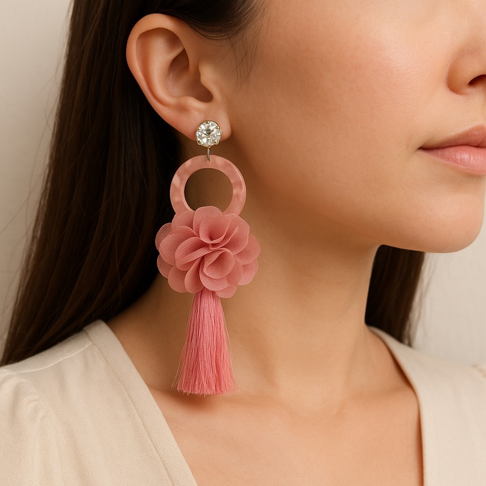 Rachel Parcell Pink Floral Tassel Statement Earrings Brand New